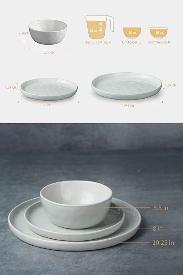 Famiware Mars Plates and Bowls Set of 12 and Milkyway 4oz Dipping Bowls Set of 6 18 Pieces Dinnerware Sets White