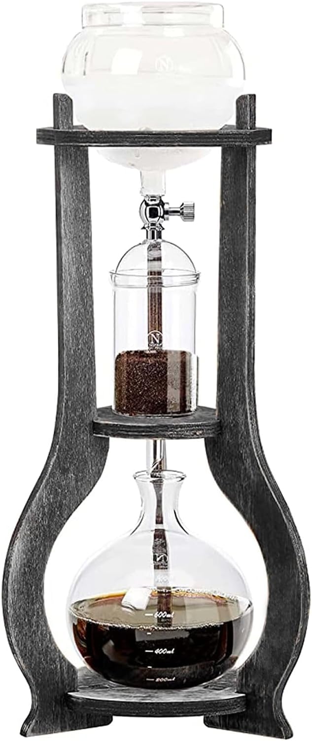 Iced Coffee Cold Brew Drip Tower 600ML Wooden Cold Brew Coffee Maker for Home Office Use Iced Tea Maker 6-8 Cups Brewing 3 to 5 Hours Grey