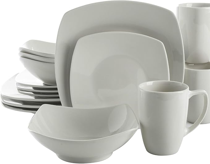 16-Piece Dinnerware Set White Solid Casual Square Porcelain 16 Piece Dishwasher Safe