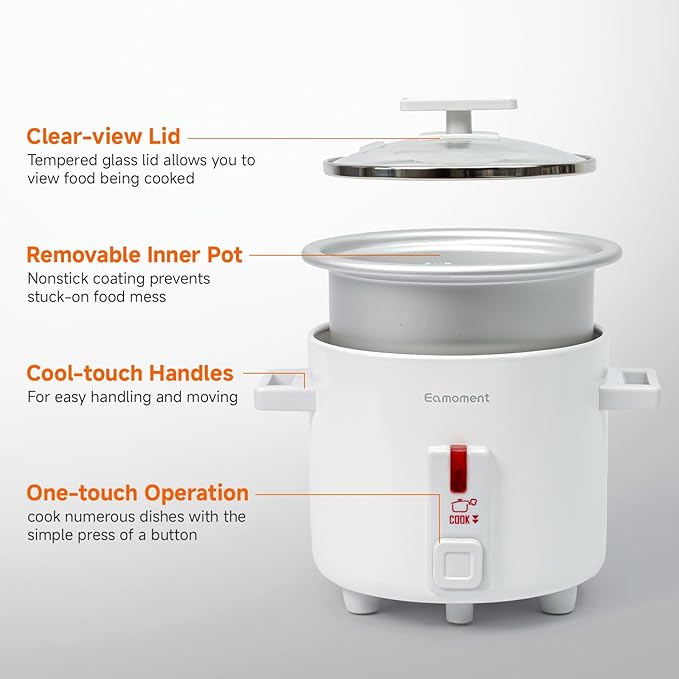 Small Rice Cooker White 1.5 Quart Mini Non-Stick Coated Insert Food Steamer and Dishwasher-Safe Glass Lid and Pot White