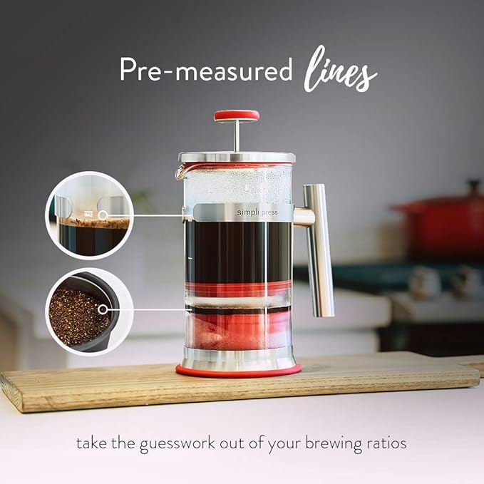 Simpli Press French Press Coffee &amp Tea Maker - Easy Cleanup &amp Customizable Smooth Coffee - Patented - Plastic-Free Premium Stainless Steel 34 oz - Red Color