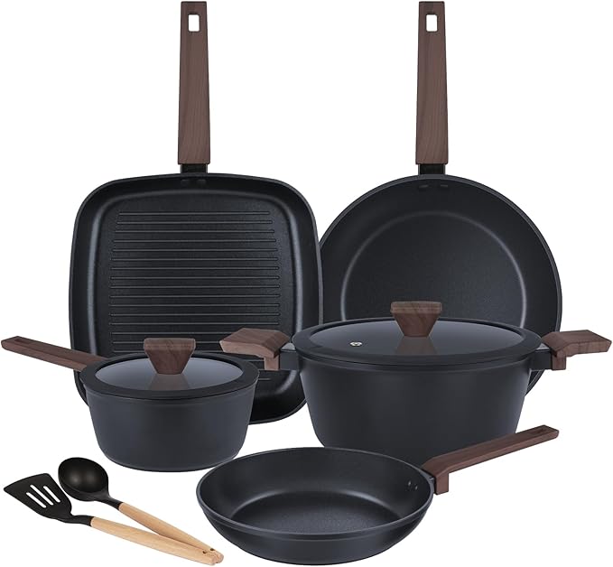 9Pcs Pots and Pans Set NonstickInduction Cookware Set Kitchen Cooking SetsHealthy Non-Toxic Pots and Pan setNon Stick with Grill Pan&amp Stay-Cool Handles (PFOS PFOA Free)Black