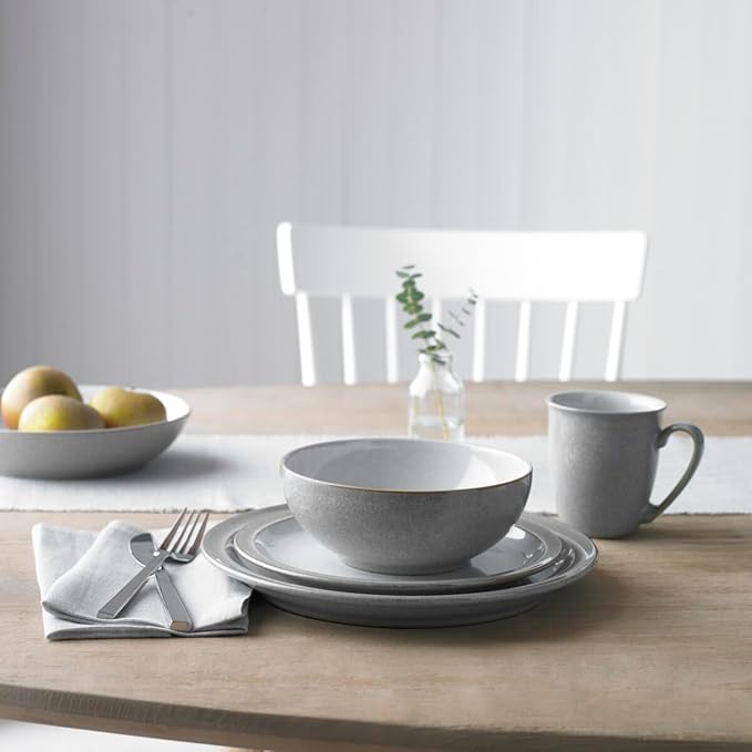 Denby - Elements 8 Piece Dinner Set For 2 - Light Grey Dishwasher Microwave Safe Oven Proof Plate &amp Bowl Set - 4 x Lunch Plates Dinner Plates Cereal Bowls &amp Coffee Mugs - Chip Resistant T
