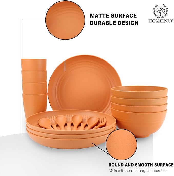 Wheat Straw Dinnerware Sets Homienly 20pcs Unbreakable Microwave Dishwasher Safe Tableware Lightweight Bowls Cups Plates Set Reusable Dinner Plates Bowls set (Orange)