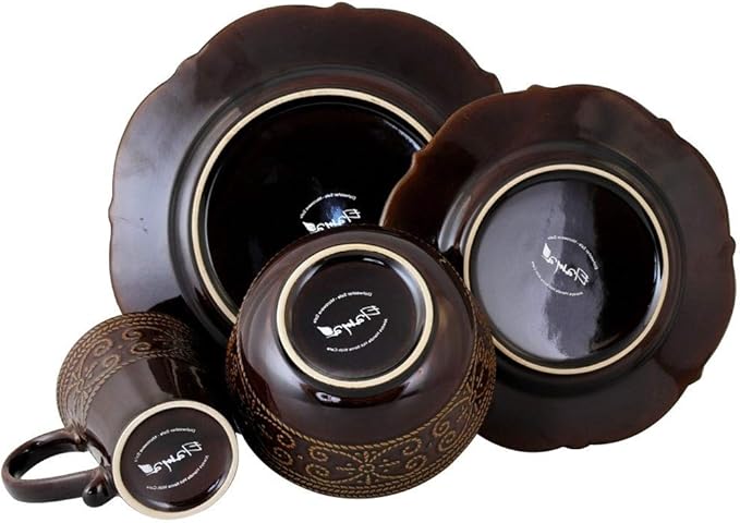 16 Piece Round Bold Textured Stoneware Dinnerware Sets Casual Cohesive Design Dishwasher Safe Brown Dish Set Break/Chip Resistant Durable Service for 4 Dinner/Salad Plates Bowls and Mugs