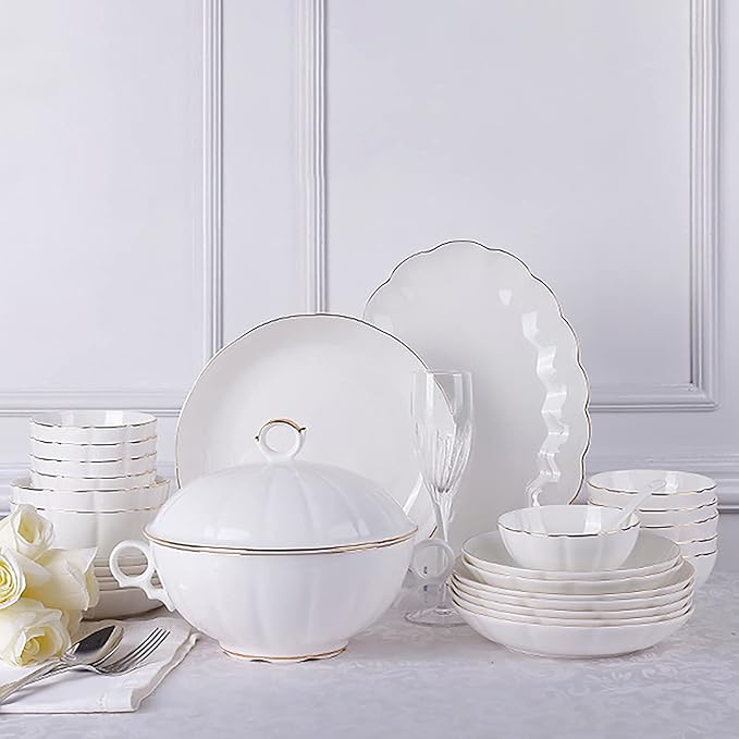 56 Pieces Dinnerware SetPorcelain Bone China Kitchen Dinning White Round Dinner Tableware Combination Set with Cereal Bowls Dessert Plates Dishes and Soup Pot