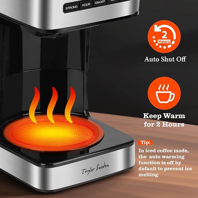Taylor Swoden Programmable Coffee Makers 12 Cup Hot and Iced Coffee Maker 4 Brew Strength LED Display 24H Timer Keep Warm&ampAuto Shutoff- Drip Coffee Machine for Home/Office Black &ampStainle