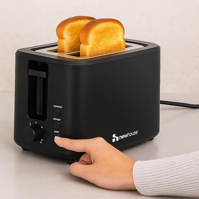 Newhouse 700W Black 2-Slice Toaster with Auto Pop-up and Auto Shut-off NHT-001-BLK Cool-to-Touch Kitchen Appliance and Apartment Essential Kitchen Countertop Staple for the Modern Home
