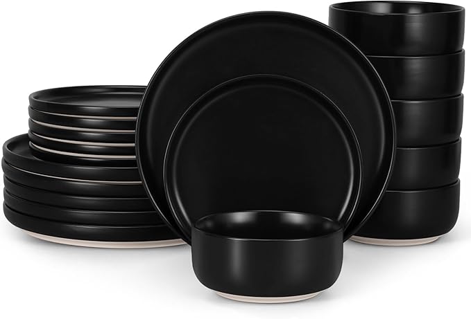 LIANYU 18PCS Dinnerware Plates and Bowls Sets Ceramic Dishes Set for 6 Stoneware Dinner Dessert Salad Plates Cereal Bowls Scratch Resistant Dishware Microwavable &amp Dishwasher Safe Matte Black