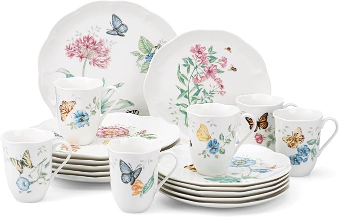 Lenox Dinnerware Set Butterfly Meadow 18-Piece Set Service For 6 White Porcelain Butterfly And Flower Designs Plates And Bowls Sets Dishwasher Safe Home &amp Kitchen (18 Pieces Assorted)
