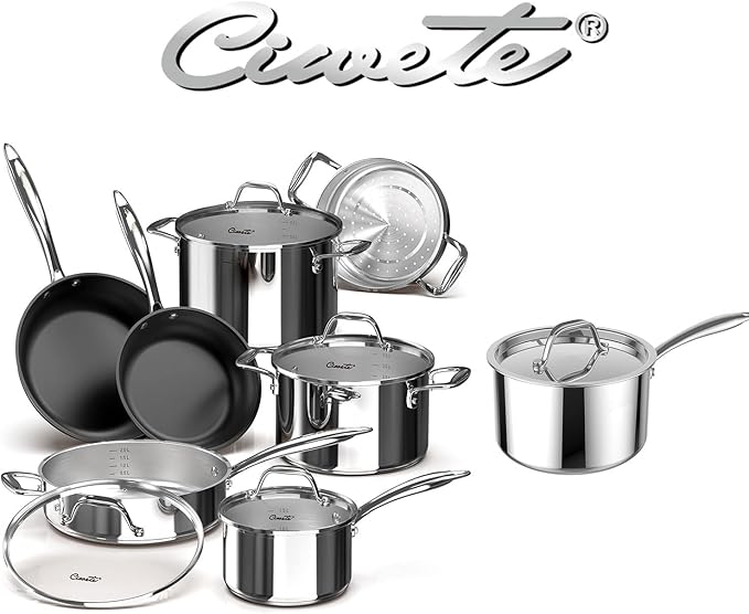 Tri-Ply Stainless Steel Pots and Pans Set 11-PC &amp 2 Quart Sauce Pan with Lid