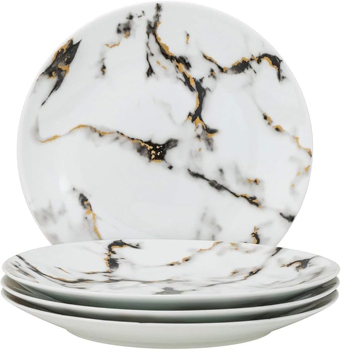 Marble Dining Set Fine China Tableware w/ 24K Gold Plate Accent - Service for 4