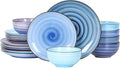 Selamica Ceramic Dinnerware Sets for 6 18 Pieces Plates and Bowls Set Scratch Resistant Dishes Set Handpainted Swirl with Spot Dishwasher &amp Microwave Safe Gradient Blue