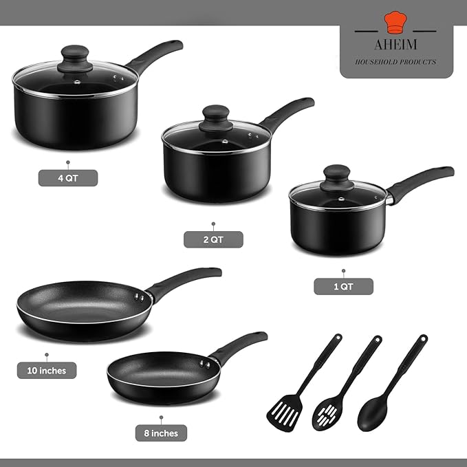 Pots and Pans Set Aluminum Nonstick Cookware Set Fry Pans Casserole with Lid Sauce Pan and Utensils 11 Piece Cooking Set (Black)