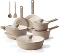 SENSARTE Ceramic Nonstick Pots and Pans Set 17pcs Healthy Induction Cookware Set Nontoxic Kitchen Cooking Set with Skillets &amp Saucepans Stay-cool Handles PFAS PTFE PFOA PFOS FreeTaupe