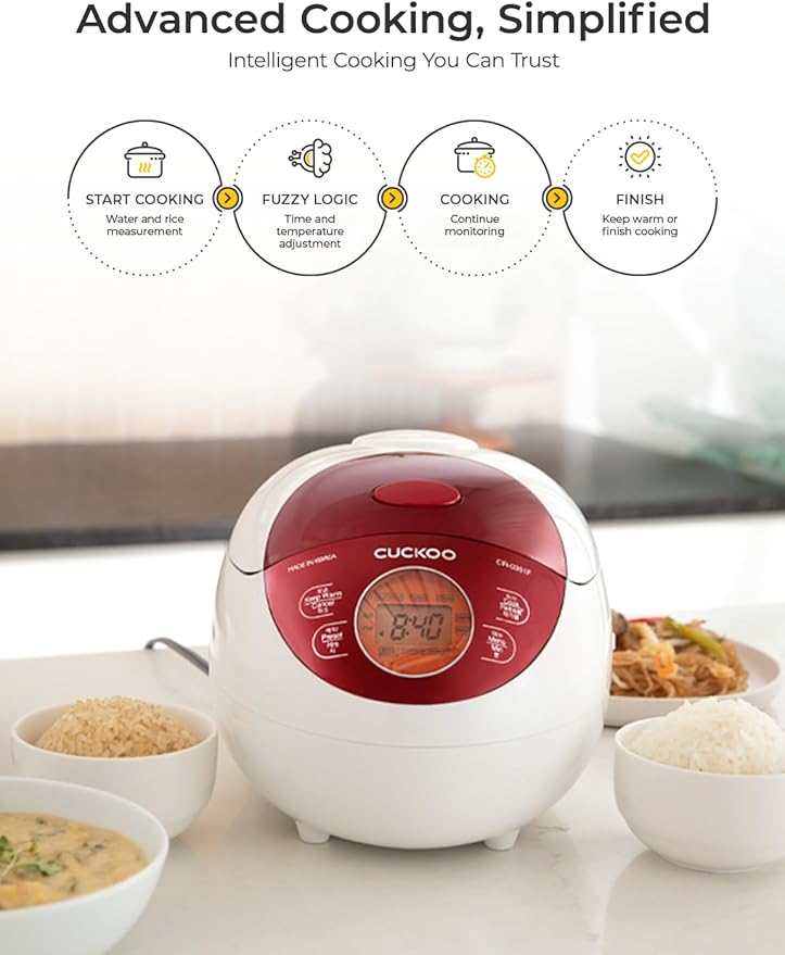 CUCKOO Micom Rice Cooker 3 Cup Uncooked / 6 Cup Cooked Korean Fuzzy Logic Rice Cooker Small with Delay Timer &amp Keep Warm Setting Versatile Food Steamer with Non-Stick Inner Pot Red (CR-0351F)