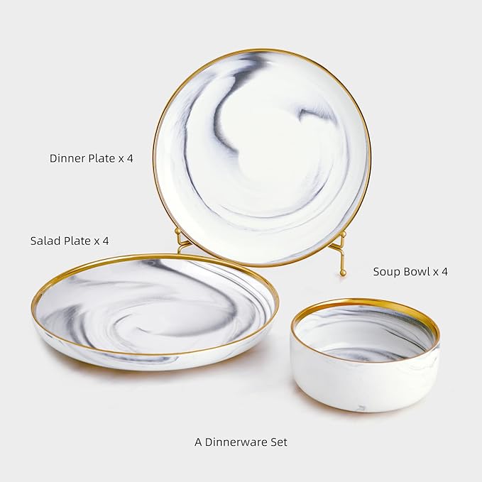Marble Gold Rim Dinnerware Sets Porcelain Plates and Bowls Sets Modern Luxury Dish Set for 4 White Grey China Dinner Set for Special Occasions Hand Wash Quickly