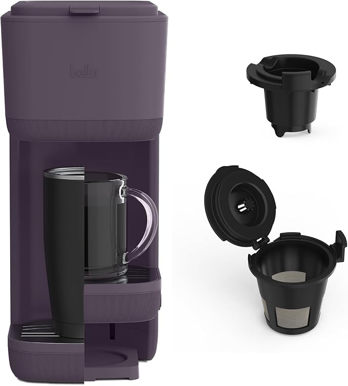 BELLA Single Serve Coffee Maker K Cup &amp Coffee Ground Compatible with Removable Adjustable Drip Tray Auto Shutoff &amp Reusable Dishwasher Safe Accessories Brews 6oz to 14oz 1000 Watt Plum