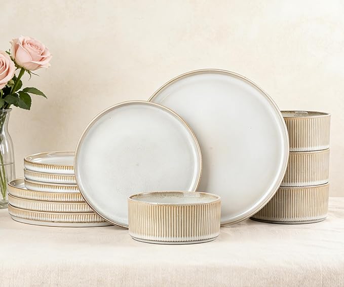 Ceramic Dinnerware Sets for 4-12 Piese Plates and Bowls Set Microwave and Dishwasher Safe Stoneware Ribbed Dishes and 22oz bowls Beige