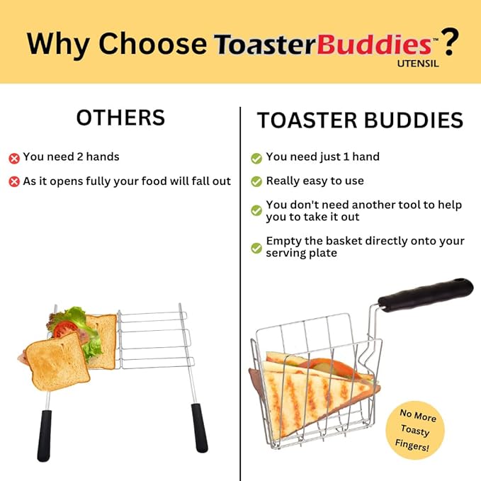 TOASTER BUDDIES 2-Piece Toaster basket Sandwich Racks 2 Slice-Toaster Compatible with allmost all pop-up toasters Toaster gadget Regular Black
