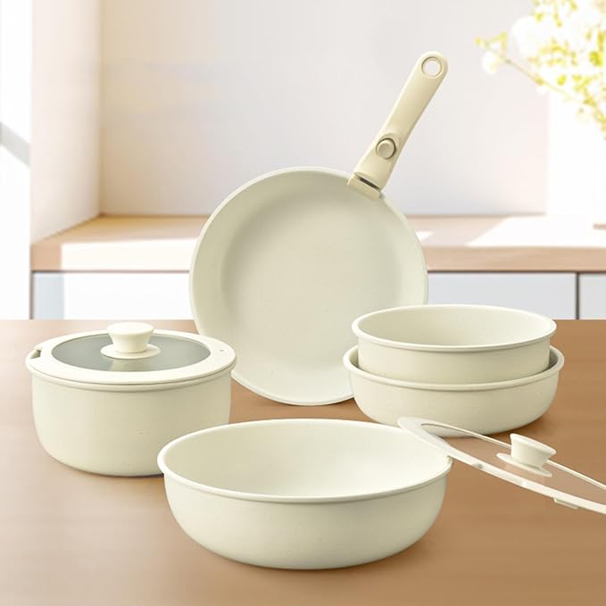 9pcs Cooking Pots and Pans Set Ceramic Non Stick Kitchen Cookware Sets Induction with Removable Handle Kitchen Cookware Set Dishwasher Safe with Visual Lid Oven Safe PFAS/PFOA Free