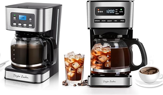 Taylor Swoden Programmable Coffee Makers 12 Cup Hot and Iced Coffee Maker 3 Brew Strength LED Display 24H Timer Keep Warm&ampAuto Shutoff- Drip Coffee Machine for Home/Office Black &ampStainle