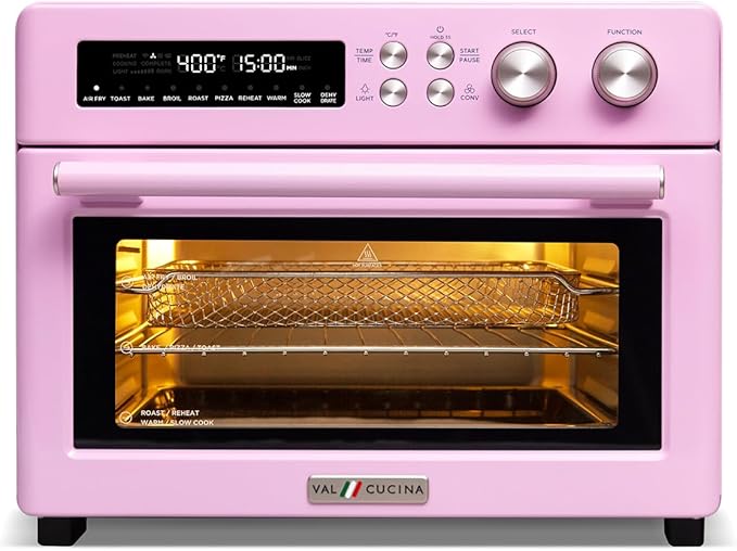 VAL CUCINA Retro Style Infrared Heating Air Fryer Toaster Oven Extra Large Countertop Convection Oven 10-in-1 Combo 6-Slice Toast Enamel Baking Pan Easy Clean with Recipe Book Classic Pink Color