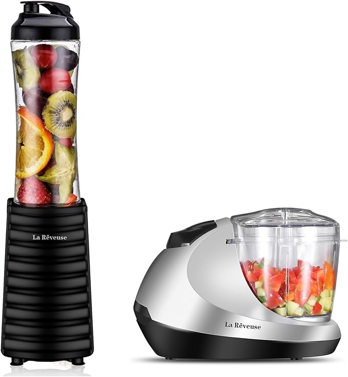 La Reveuse 300W Personal Size Blender (Black) + La Reveuse 1.3-Cup Mini Food Chopper (Silver)