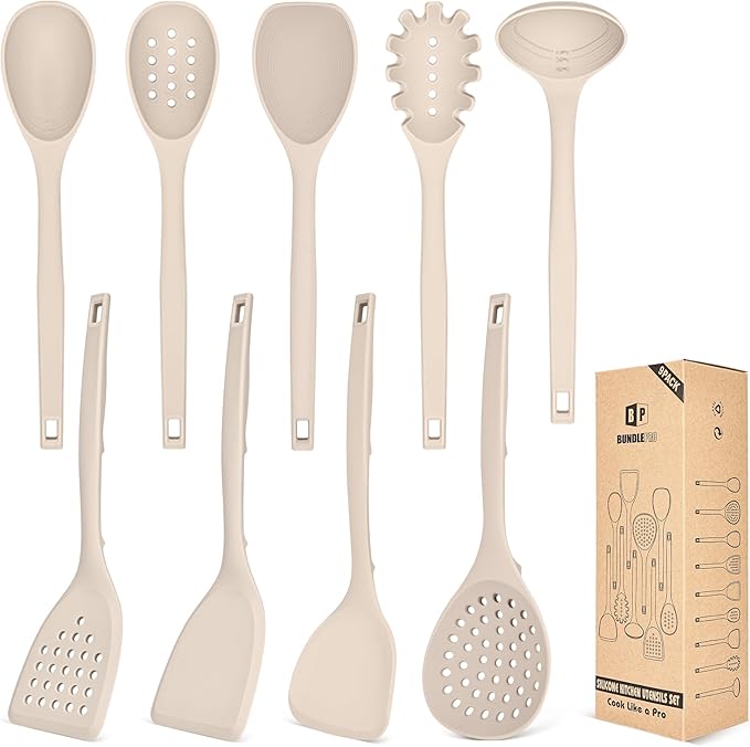 Silicone Cooking Utensils Set 9 Pcs Heat Resistant Kitchen Utensils with Back Hooks BPA Free Kitchen Tools with Spatulas Spoons Skimmer and Pasta Fork for Non Stick Cookware(KHAKI)