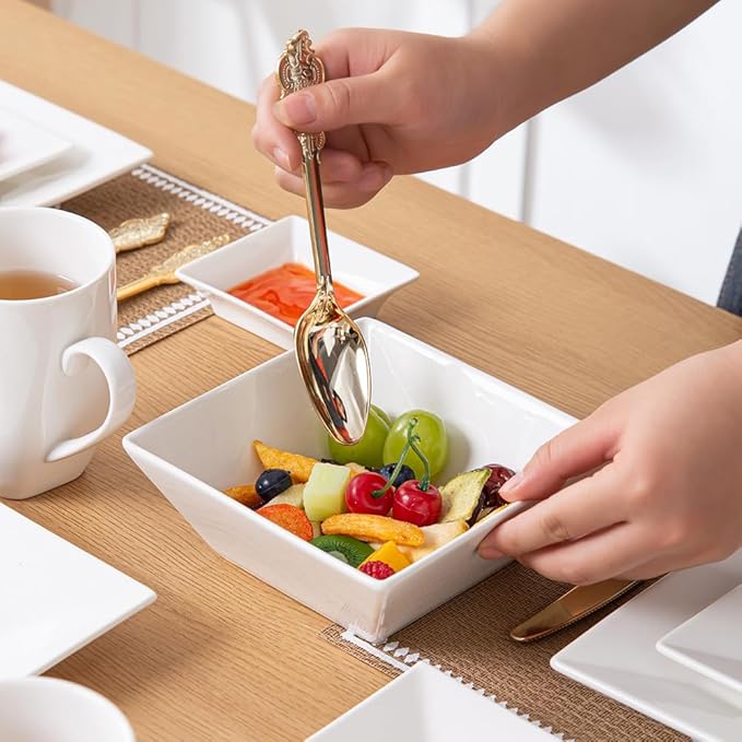 Porlien 16-Piece Classic Square Dinnerware Set for 4-Square Dinner Plates Dessert Plates Bowls &amp Dipping Saucers Off White Dishes for 4