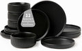 Dinnerware Sets for 4Microwave Safe Plates and Bowls Sets12 Piece Dylan Dish SetReactive Glaze Stoneware Dinnerware Set (Matte Reactive Dark Night Service for 4 (12pcs))