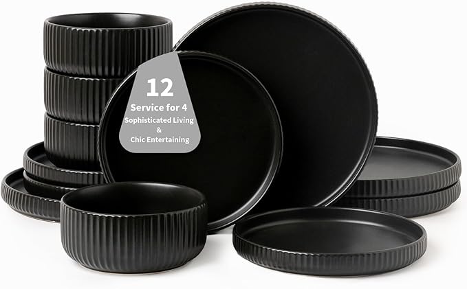 Dinnerware Sets for 4Microwave Safe Plates and Bowls Sets12 Piece Dylan Dish SetReactive Glaze Stoneware Dinnerware Set (Matte Reactive Dark Night Service for 4 (12pcs))