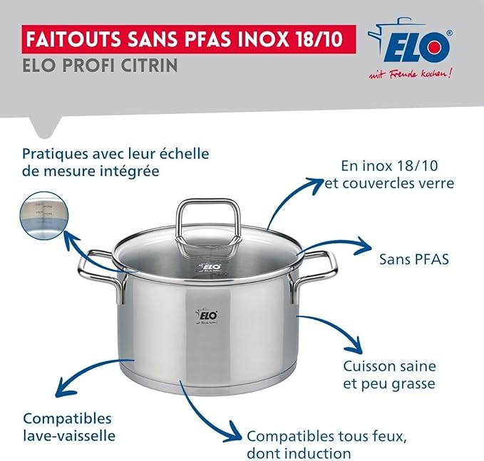 ELO 9511050 Cookware Set 4 Pieces 3 Frying Pans 24 28 and 32 cm and 1 Cooking Pot 16 cm Elo Profi Citrine Stainless Steel Induction