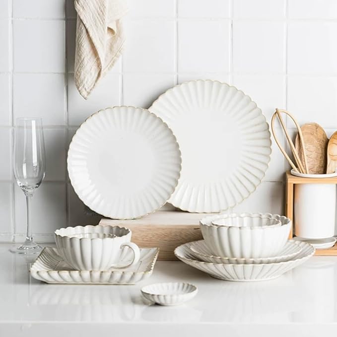 DOMINI 12-Piece Sunflower shape Ceramic Kitchen Dinnerware Set Service for 4 Porcelain Dishes Dinner Set with Dinner Plates Dessert Plates and Pasta BowlsRound-White Sunflower shape