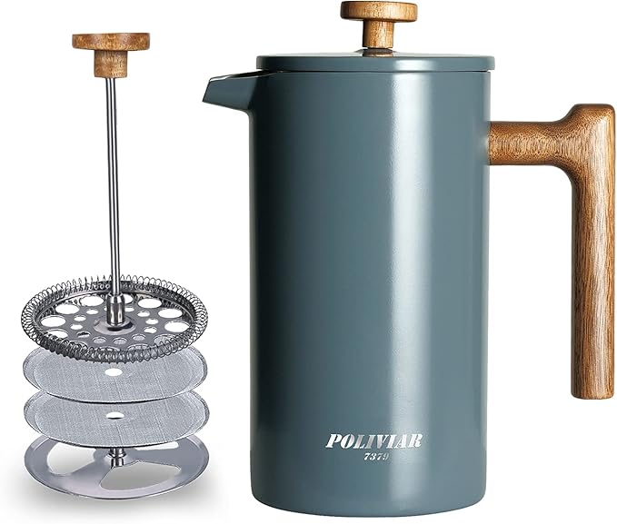 POLIVIAR French Press Coffee Maker 34 oz Coffee Press with Real Wood Handle Double Wall Insulation &amp Dual-Filter Screen Food Grade Stainless Steel for Good Coffee and Tea (Alpline)