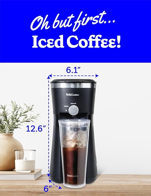 Betty Crocker Coffee Maker for Iced &amp Hot Brew Brews in 4 Minutes Compact Iced Coffee Machine with Chrome Accents Reusable Filter BPA-Free 20-Oz Tumbler &amp Straw BC-4869B Black