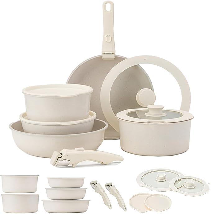 Cookware Set 9/11/15 Piece Nonstick Maifan Cookwares Sets with Detachable Handle Oven Safe Super Easily CleanSuitable for Kitchen (White11-Piece Set)