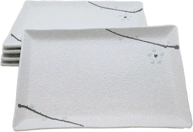 Ebros Gift Modern Yukino Hana Snow Flowers Ceramic Dinnerware Serveware Kitchenware Set Oriental Asian Restaurant Supply (Pack Of 5 Rectangular Sushi Plates 7.75 L)