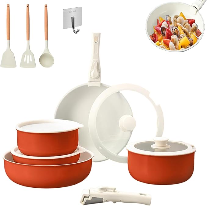 Pots and Pans Set Non Stick Cookware Set with Detachable Handles 5/11 Piece Ceramic coating Cooking Set with Frying Pan Saucepan Stock Pot Suitable for All Stovetops Dishwasher Safe (11Brown)