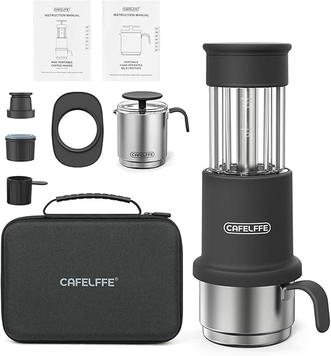 EasytoClean Portable Coffee Maker Set 3-in-1 Design with Capsule &amp Ground Coffee Compatibility Milk Frothing Pitcher Ideal for Traveling Camping Hiking (Black)