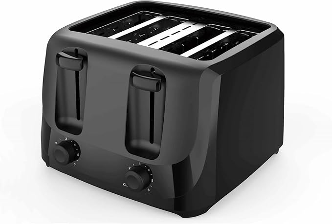 4-Slise Toaster with 6 Shade Settings – Black Stainless Steel Bread Toaster with Removable Crumb Tray Auto-Centering Guides Wide Slots for Even Toasting