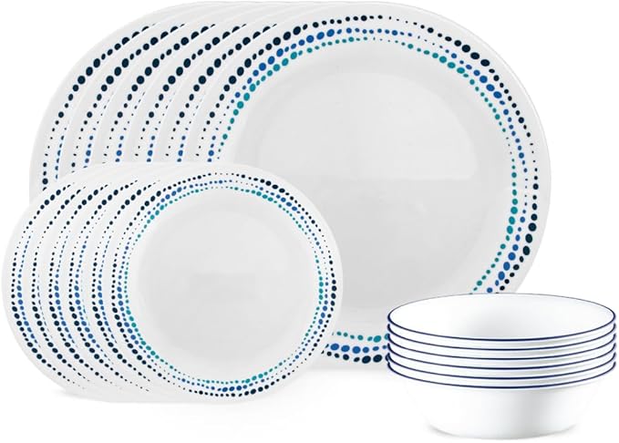 Corelle Vitrelle 18-Piece Service for 6 Dinnerware Set Triple Layer Glass and Chip Resistant Lightweight Round Plates and Bowls Set Ocean Blue