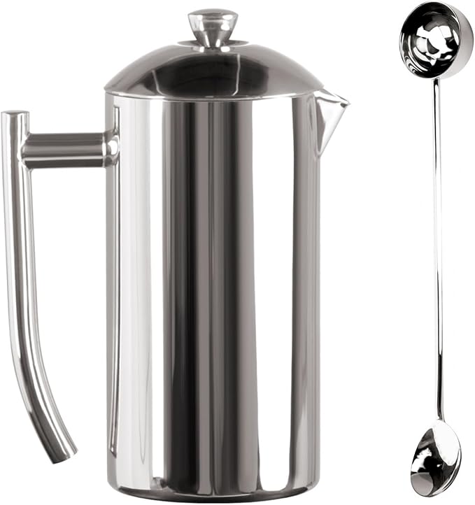 Frieling Double-Walled Stainless-Steel French Press Coffee Maker Polished 36 Ounces Plus 18/10 Stainless Steel Coffee Scoop/Stirrer 2 TBLS
