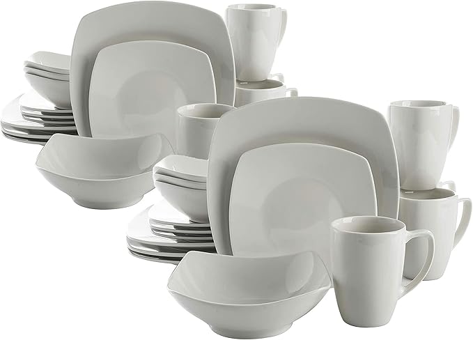 Gibson Home 102539.16RM Classic Porcelain Zen Buffet 16 Piece Square Dinnerware Set with Multi Sized Plates Bowls and Mugs White (2 Pack)