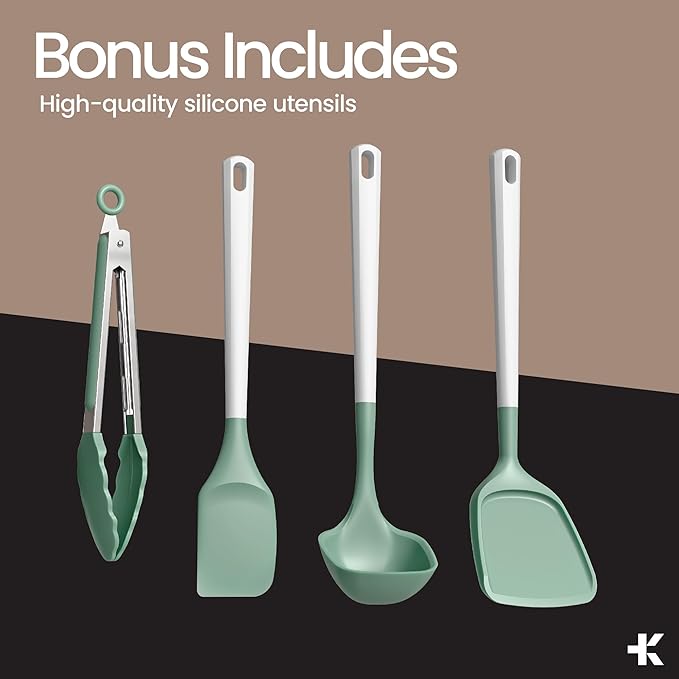 Bakken 12-Piece Aluminum Cookware Set with Ceramic Nonstick Coating PTFE &amp PFAS Free All Stovetop Safe Up To 500°F Pots and Pans Set with Lids Silicone Utensils Included Dishwasher Safe Gree