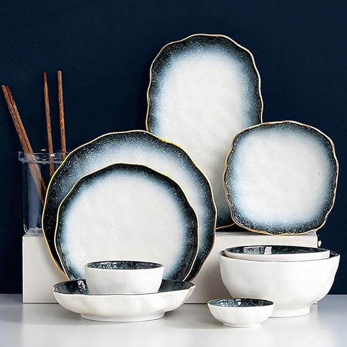 Palace Style Porcelain Dinner Set Plates Bowl Ceramic Dinnerware Set 32 Piece Blue Gradient Snowflake Glaze Porcelain Dish Cereals Bowl Tableware Set