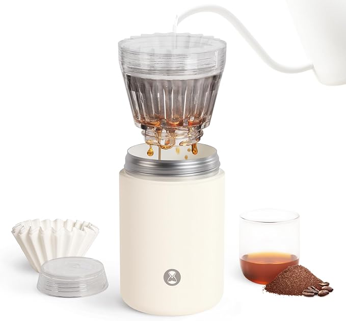 TIMEMORE Portable Coffee Maker Pour-Over Coffee Dripper Travel Coffee Cup Manual Brewer for Home and Outdoors - Ceramic-Coated Stainless Steel Tumbler 10.08 oz Capacity