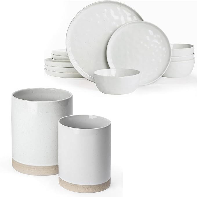 Famiware Mars Plates and Bowls Set of 12 and Milkyway Kitchen Utensil Holder for Countertop Set of 2 14 Pieces Dinnerware Sets White