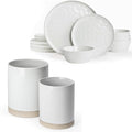 Famiware Mars Plates and Bowls Set of 12 and Milkyway Kitchen Utensil Holder for Countertop Set of 2 14 Pieces Dinnerware Sets White