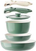 Ceramic Pots and Pans Set Non Stick Nonstick Kitchen Cookware Sets Non Toxic Pots and Pans Set Non Stick PFAS PFOA &amp PTFE Free Detachable Handle Pots and Pans 6 Piece RV Cookware (Green)